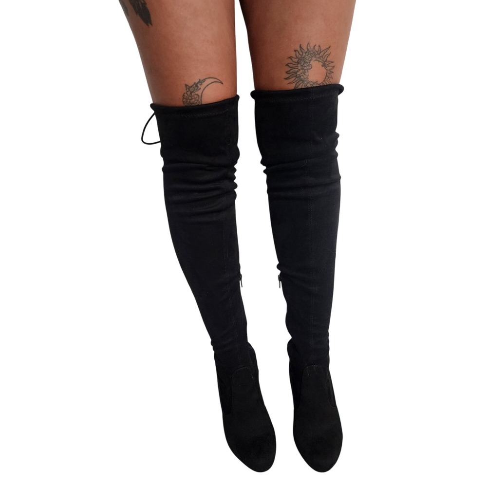 Lulus So Much Yes Black Over The Knee Boots Women's Size 8 Faux Suede Block Heel